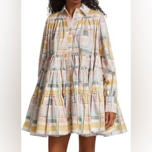 Aje Pastel Block Stripe Tiered Long-Sleeve Dress in Yellow, Pink, Blue